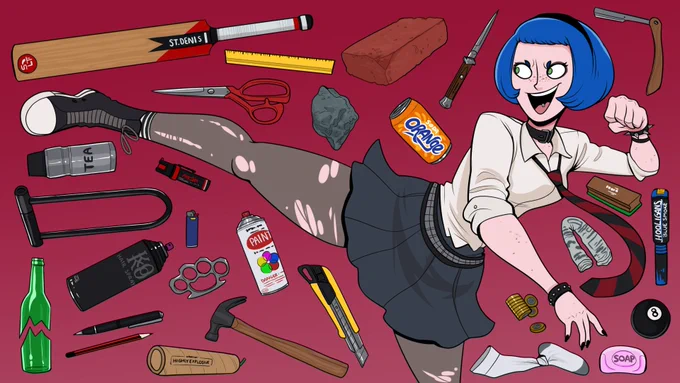 Thinking about what type of weapons would a bully-inspire game mixed with yakuza fighting style, I'd say it would be a bunch of improvised blunt ,sharp and throwable objects... Also Paintball guns because that's kinda fun I think