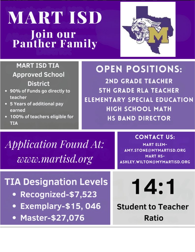 🌟 Exciting News! Mart ISD is hiring! 🌟 If you're passionate about education and want to be part of an amazing team in a TIA-approved district, we’d love to hear from you! 
drive.google.com/file/d/159f-Zg…