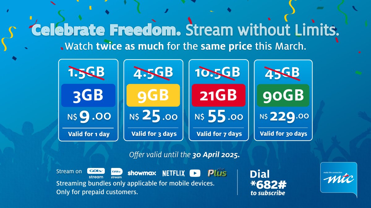 MTCNamibia's tweet image. Stream your favourite shows, movies, music and more with double the data for the same price until 30 April 2025. Dial *682#, select 2, then 6 to choose the #streamingbundle you like. Ts &amp;amp; Cs Apply.