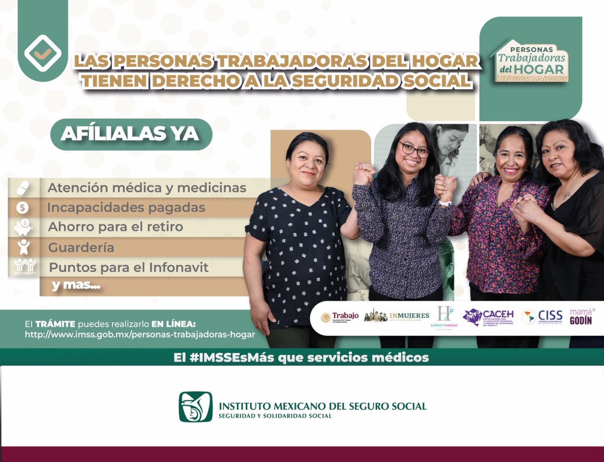 🟢El Seguro Social para las personas #TrabajadorasDelHogar no solo cumple con la Ley, sino que también transforma vidas
¡El #IMSSEsMas que un seguro, es un compromiso con el trabajo digno!
Realiza el trámite aquí
imss.gob.mx/personas-traba…
<a href="/NormagabrielaL5/">Norma Gabriela Lopez</a>
<a href="/Mama_Godin/">Mamá Godín®</a>
<a href="/ClaraBrugadaM/">Clara Brugada Molina</a>