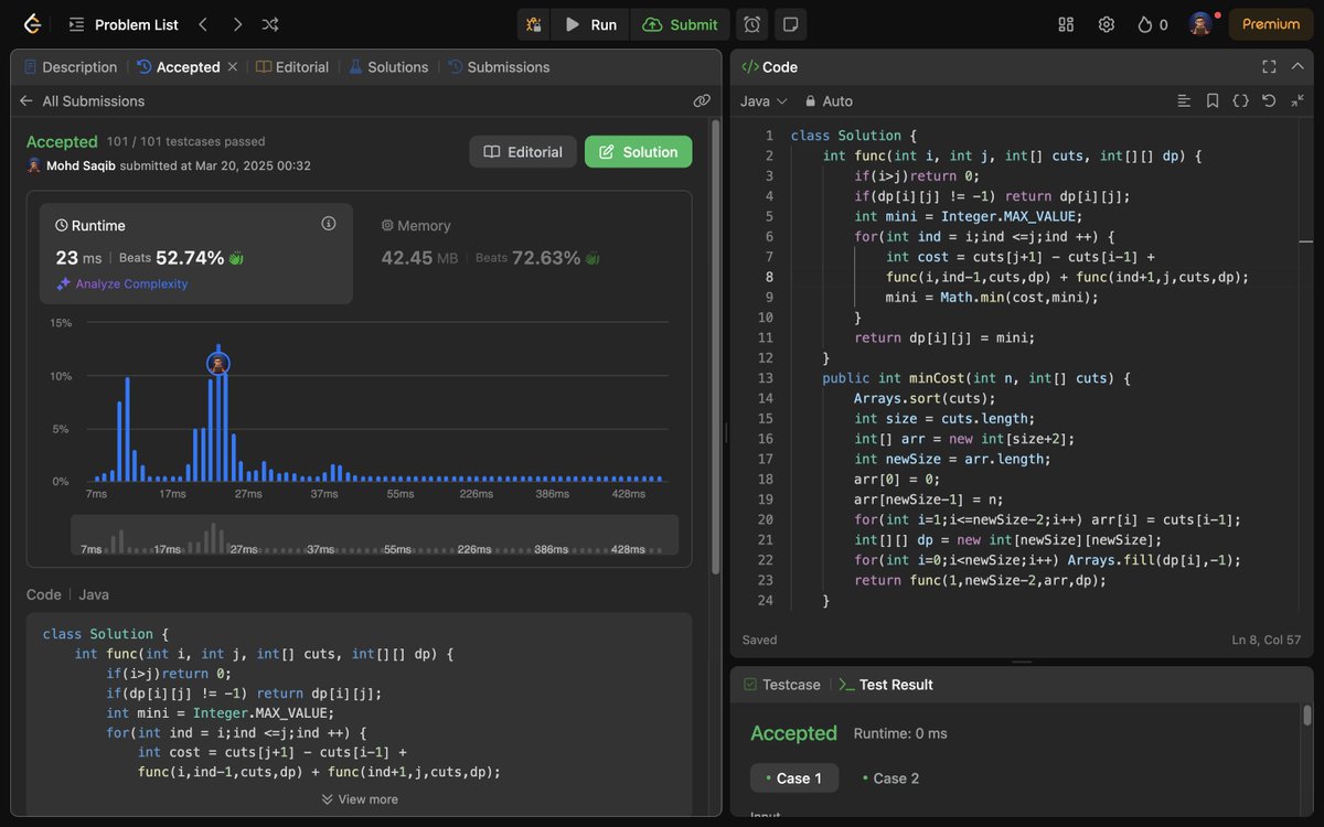 Mohd_Saqib_'s tweet image. 🚀 Day 242 of Code 🚀

Deep-dived into DP partitioning problems again!
Solved:

✅ 1547. Minimum Cost to Cut a Stick (Memoization)
✅ 1547. Minimum Cost to Cut a Stick (Tabulation)

#Code #DP #Memoization #Tabulation #DSA #LeetCode  #100DaysOfCode #letsconnect #connect