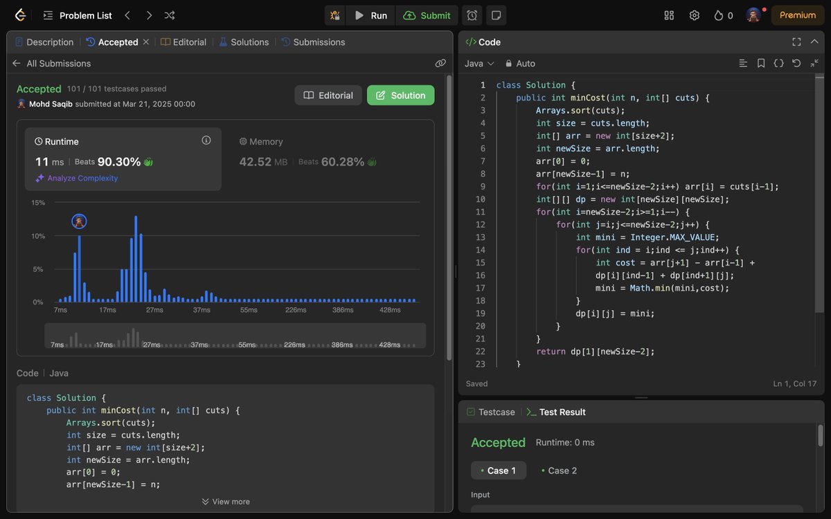 Mohd_Saqib_'s tweet image. 🚀 Day 242 of Code 🚀

Deep-dived into DP partitioning problems again!
Solved:

✅ 1547. Minimum Cost to Cut a Stick (Memoization)
✅ 1547. Minimum Cost to Cut a Stick (Tabulation)

#Code #DP #Memoization #Tabulation #DSA #LeetCode  #100DaysOfCode #letsconnect #connect