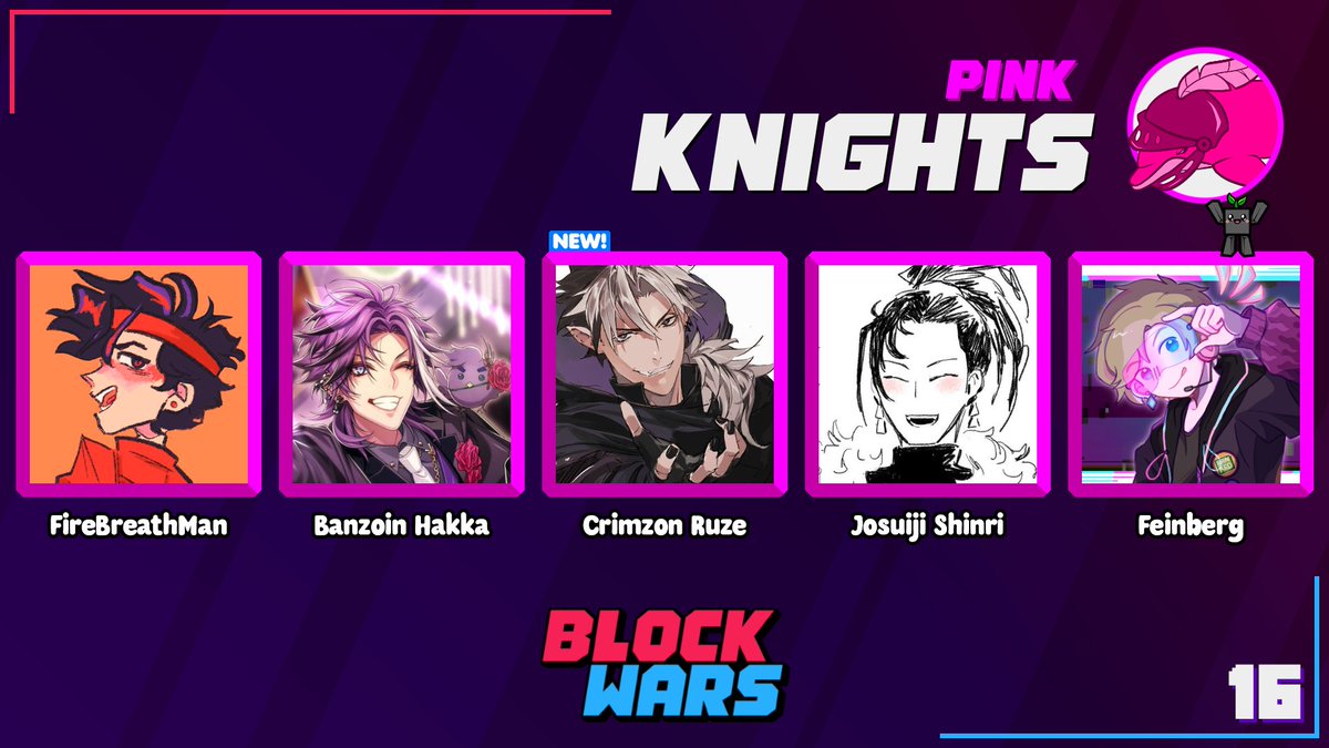 Block Wars (@blockwarsevent) on Twitter photo 📢Pink Team Announcement📢
<a href="/FireBreathMan/">FireBreathMan 🔥</a> <a href="/banzoinhakka/">Banzoin Hakka🔅HOLOSTARS EN</a> <a href="/crimzonruze/">Crimzon Ruze💢HOLOSTARS EN</a> <a href="/josuijishinri/">Josuiji Shinri🏹HOLOSTARS-EN</a> <a href="/feinberg_mc/">Feinberg</a> will be representing the Knights for Block Wars 16! 🥳
Watch them live on March 29th at 3pm EDT! 📢Pink Team Announcement📢
<a href="/FireBreathMan/">FireBreathMan 🔥</a> <a href="/banzoinhakka/">Banzoin Hakka🔅HOLOSTARS EN</a> <a href="/crimzonruze/">Crimzon Ruze💢HOLOSTARS EN</a> <a href="/josuijishinri/">Josuiji Shinri🏹HOLOSTARS-EN</a> <a href="/feinberg_mc/">Feinberg</a> will be representing the Knights for Block Wars 16! 🥳
Watch them live on March 29th at 3pm EDT!