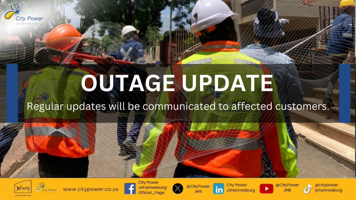 CityPowerJhb's tweet photo. #CityPowerUpdates #CityPowerOutages #RandburgSDC 

Olivenhout Switching Station:
Power tripped affecting Northriding, Northriding AH, Northgate and surroundings.

Team is on site working on restoring the power supply.

More information will be communicated when available. We regret the inconvenience caused.

Follow us on our WhatsApp channel for prompt updates
https://t.co/QM8Is3AP2G ^NM