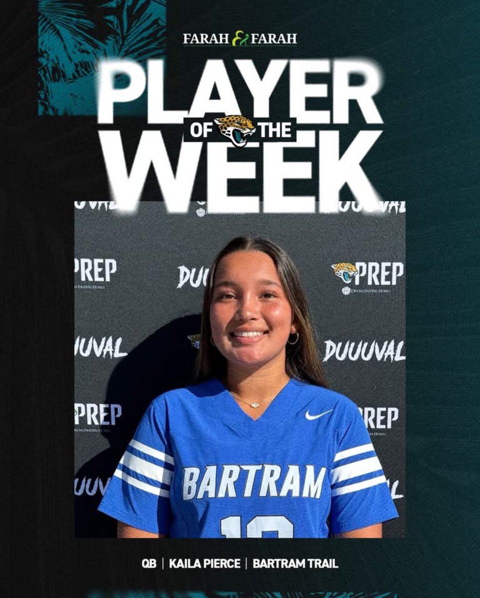 Congratulations to quarterback Kaila Pierce on her recognition by @jaguarsfoundation as week 4 player of the week. She led her team to 3 hard fought victories last week, 632 yards passing and 9 td’s. We are proud of her resilience and relentless effort on and off the field.