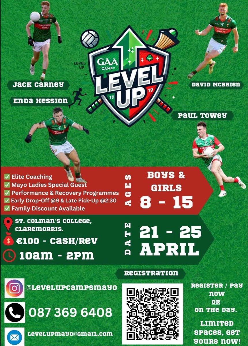 Mayo Senior footballers, Jack Carney, Enda Hession, David McBrien &amp; Paul Towey are hosting an exciting GAA camp this Easter. 

Check out the poster attached and follow their instagram page for more details ⤵️⤵️
@levelupcampsmayo 

Best of luck, lads 💪