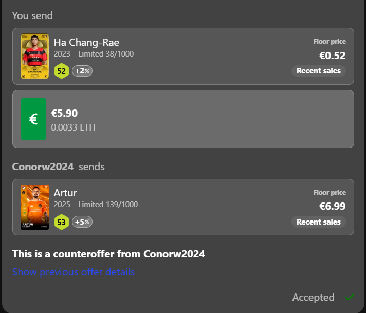 🔹 Second Purchase – Tradingchallenge with <a href="/Itznonee/">ItzNonee(Sorare Swap Bot 120%)</a> 

💰 Trading Details:

Player: Artur

Price: €5.90+€0.15 Card (€6.05)

Remaining Budget: €4.50

Current Profit: €0.55

card is listed now👀💸

#sorare #trading