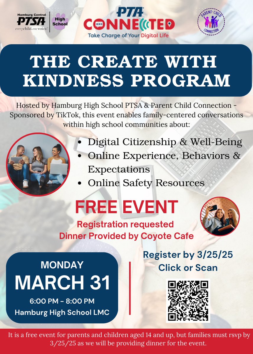 Join the HHS PTSA and Parent Child Connection at the Create with Kindness Event on Monday, March 31 from 6-8pm in the HHS LMC! The event is free and dinner will be provided, but registration is required to get a headcount! 

Register here: docs.google.com/forms/d/1UIWUT…
