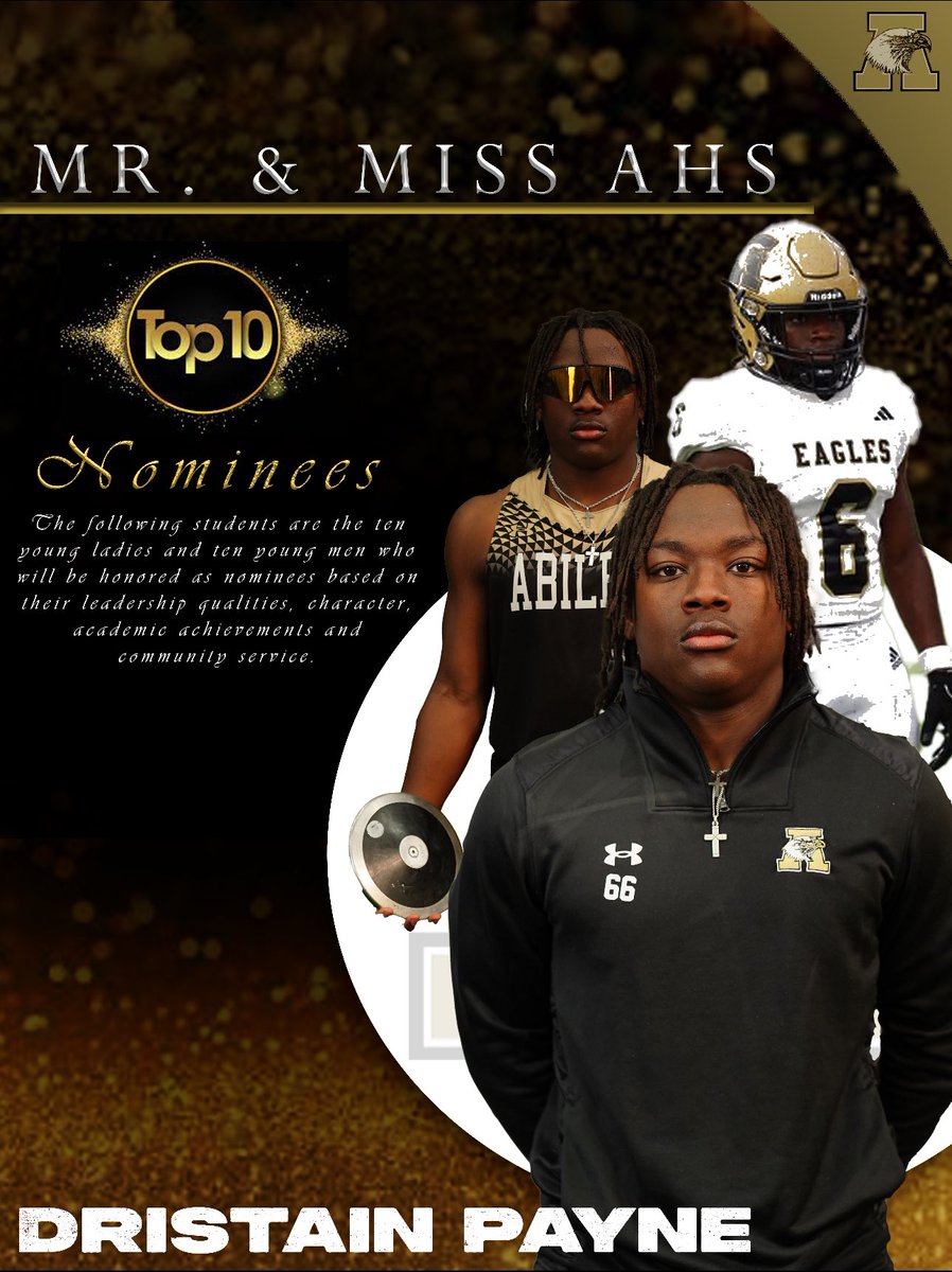 Congratulations to the ten young ladies and ten young men from Abilene High School who have been nominated for Mr. and Miss AHS! 

These students are being recognized for their outstanding leadership, character, academic achievements, and community service.

Announced in May!