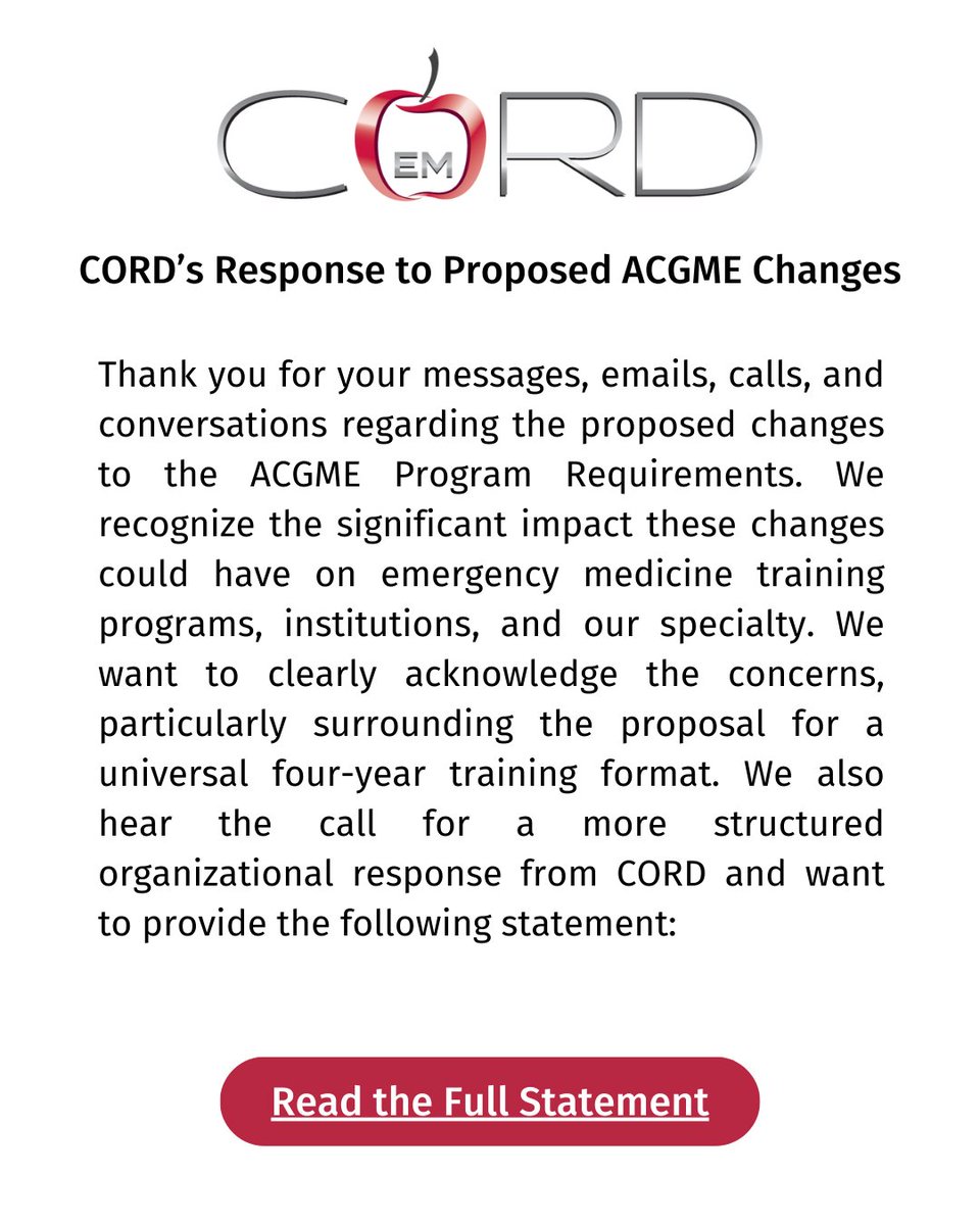 CORD_EM's tweet photo. Thank you for your feedback on the proposed ACGME changes. We recognize the impact on EM training and hear concerns about the four-year format. Read CORD’s response here: https://t.co/Fq5HG3U7N4 https://t.co/6MFr3DWwJL