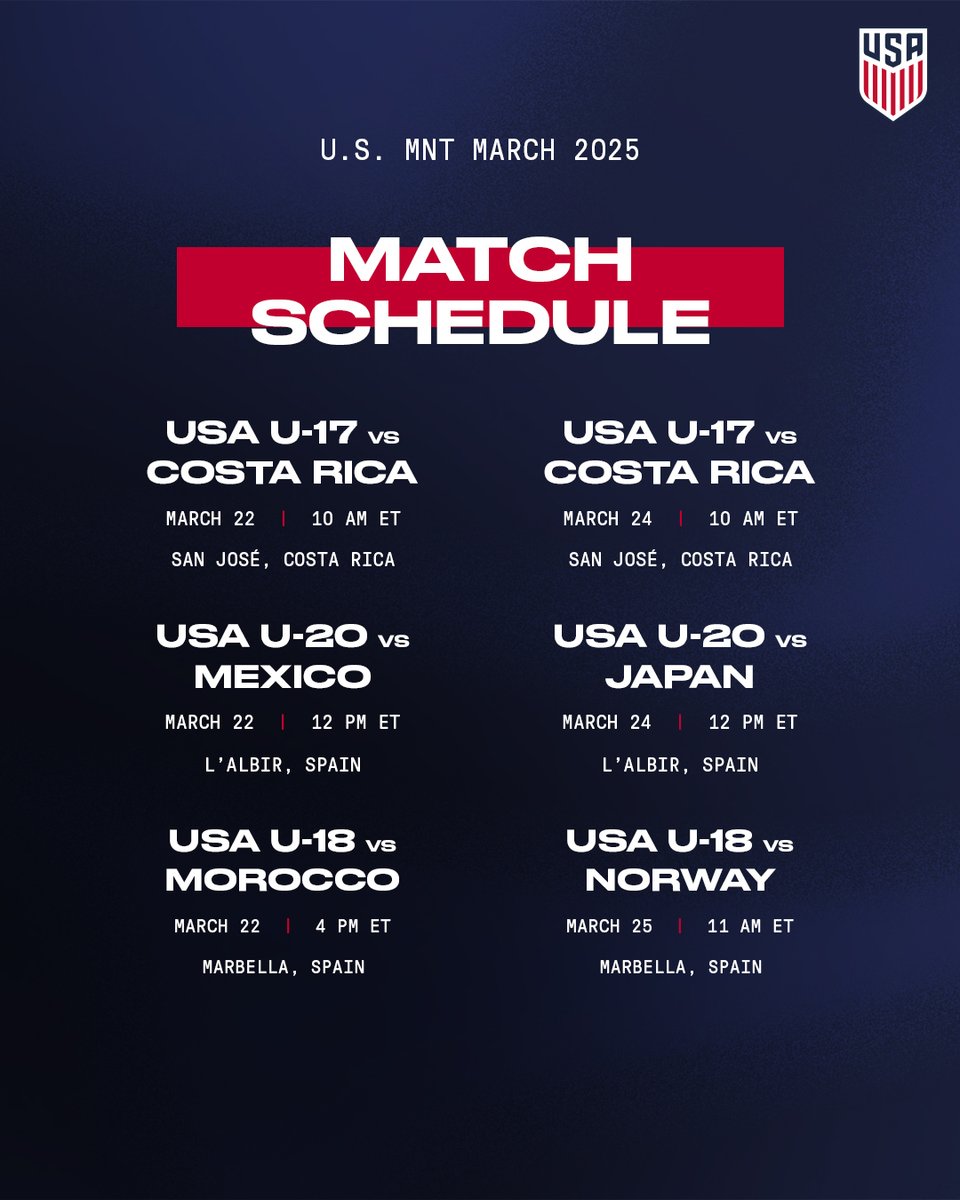 Big slate of matches heading into the weekend! 💪

#U17MNT x #U18MNT x #U20MNT
