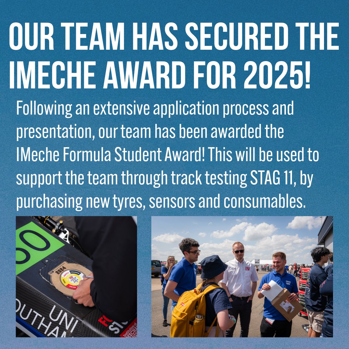 We are proud to announce that SUFST have been awarded the IMechE Formula Student award for STAG 11!

We are incredibly greatful to be able to display the IMechE Award logo at FSUK2025! We would like to thank the <a href="/IMechE/">The IMechE Team</a> and  @formulastudent for granting us this opportunity!