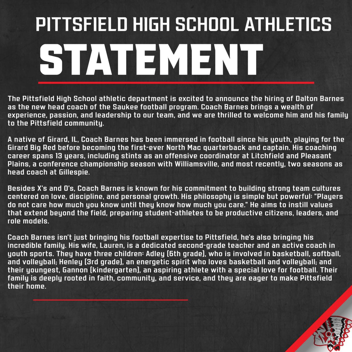 CentralILSports's tweet photo. Pittfield High School has announced the hiring of Dalton Barnes as their next Football Coach. https://t.co/R0Mm0DnXKR