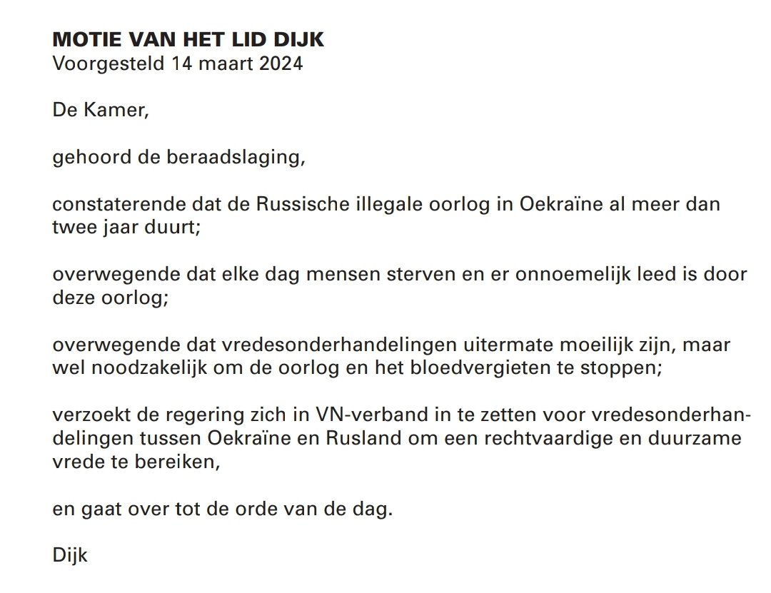 Eva (@eva_db_) on Twitter photo Een jaar en 6 dagen geleden stemde de Tweede Kamer een voorstel voor vredesonderhandelingen weg. Stel je voor de Kamer voor had gestemd.  Dat al een jaar via NL, andere landen, en de VN veel meer druk gezet was op het stoppen van bloedvergieten en forse inzet op vrede... Een jaar en 6 dagen geleden stemde de Tweede Kamer een voorstel voor vredesonderhandelingen weg. Stel je voor de Kamer voor had gestemd.  Dat al een jaar via NL, andere landen, en de VN veel meer druk gezet was op het stoppen van bloedvergieten en forse inzet op vrede...