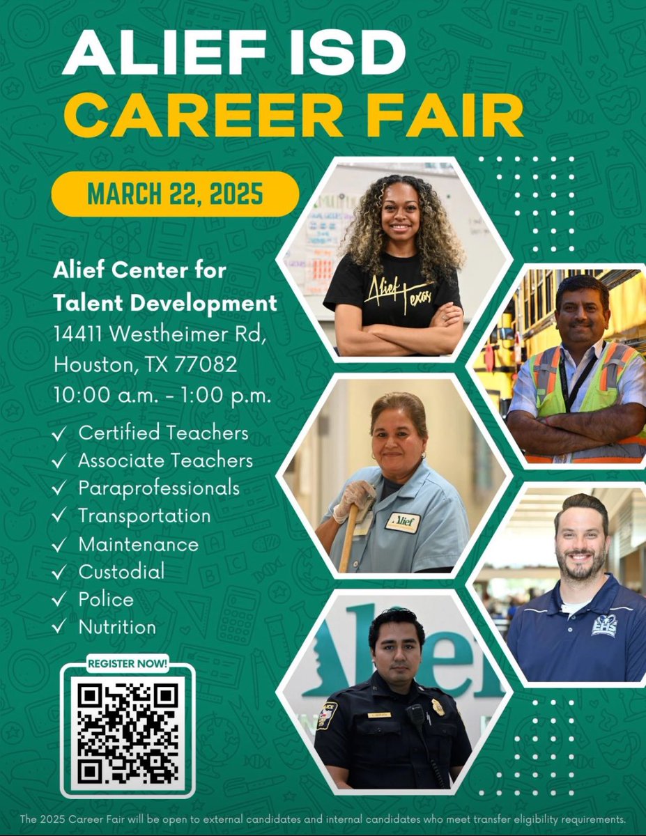 Alief ISD is hiring! Join us at our Job Fair for opportunities in teaching, operations, bus driving, and skilled trades. Come be part of something special! #AliefISD #NowHiring #JoinOurTeam
