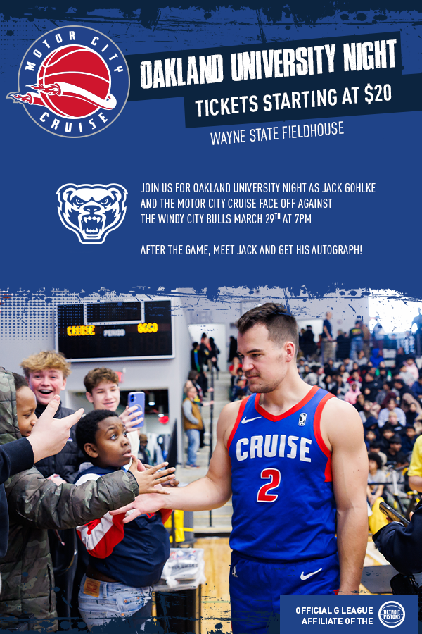 Relive the Madness with Jack Gohlke and the Motor City Cruise! 🏀🔥

Join us for Oakland University Night on March 29th at 7 PM at Wayne State Fieldhouse as Jack and the Cruise take on the Windy City Bulls! 

After the game, meet Jack and get his autograph! Don’t miss this chance