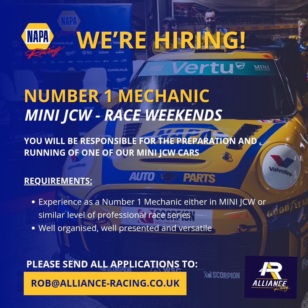 Alliance Racing (@allianceraceuk) on Twitter photo ๐ช๐โ๐ฅ๐ ๐๐๐ฅ๐๐ก๐!
NUMBER 1 MECHANIC
Mini JCW - RACE WEEKENDS
You will be responsible for the preparation and running of one of our MINI JCW cars.
PLEASE SEND ALL APPLICATIONS to:
rob@alliance-racing.co.uk ๐ช๐โ๐ฅ๐ ๐๐๐ฅ๐๐ก๐!
NUMBER 1 MECHANIC
Mini JCW - RACE WEEKENDS
You will be responsible for the preparation and running of one of our MINI JCW cars.
PLEASE SEND ALL APPLICATIONS to:
rob@alliance-racing.co.uk