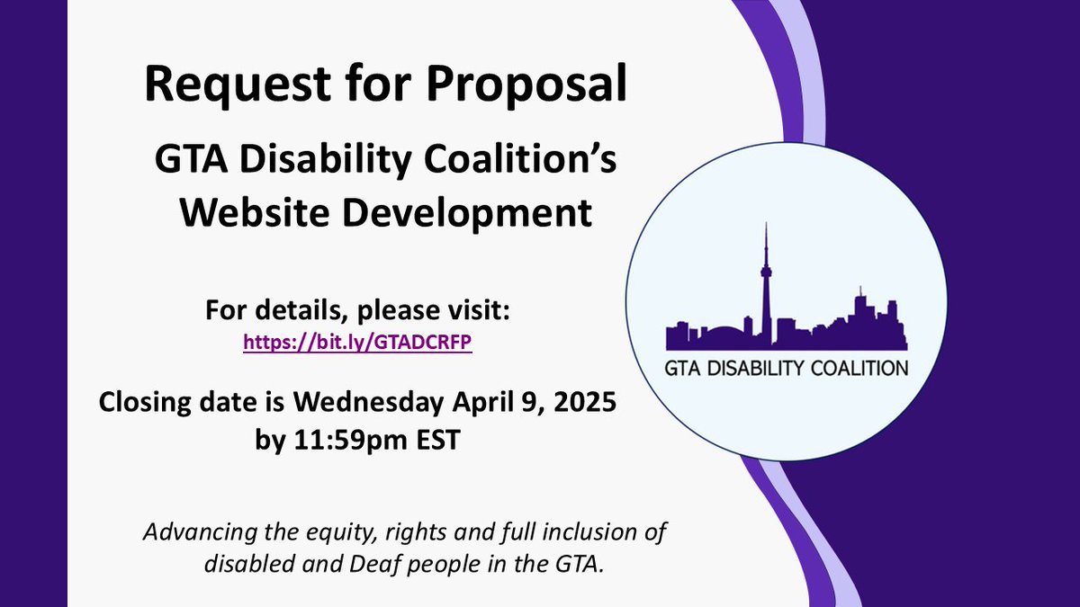 We're seeking qualified web designers to create a website to serve as a platform for the GTADC’s work and advocacy. As a disability-led coalition, we encourage submissions from GTA-based applicants who identify as disabled. Learn more: bit.ly/GTADCRFP