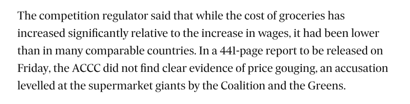 TMFScottP's tweet photo. I have said this since Day 1.

The supermarkets simply weren't, and aren't, price gouging.

Allan Fels, Craig Emerson and now the ACCC have found the same thing.

Yes, prices rose. But by less than in comparable countries.

The claims were politically motivated nonsense.

#auspol https://t.co/LrqKMOWMNP