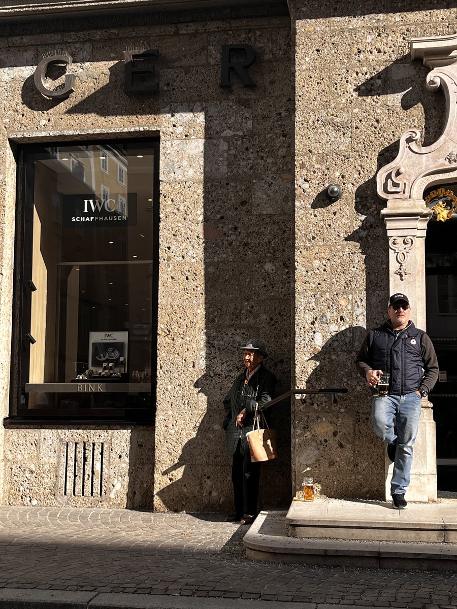 BenjaminLPerry's tweet photo. There's not too many photos that can encapsulate a lot of likes/desires into one still.  Here I have #beer, standing in front of an @IWC store in #strausburg while #travelling with my beautiful wife (behind the camera) @LorePerry https://t.co/GPMUWbMP0d