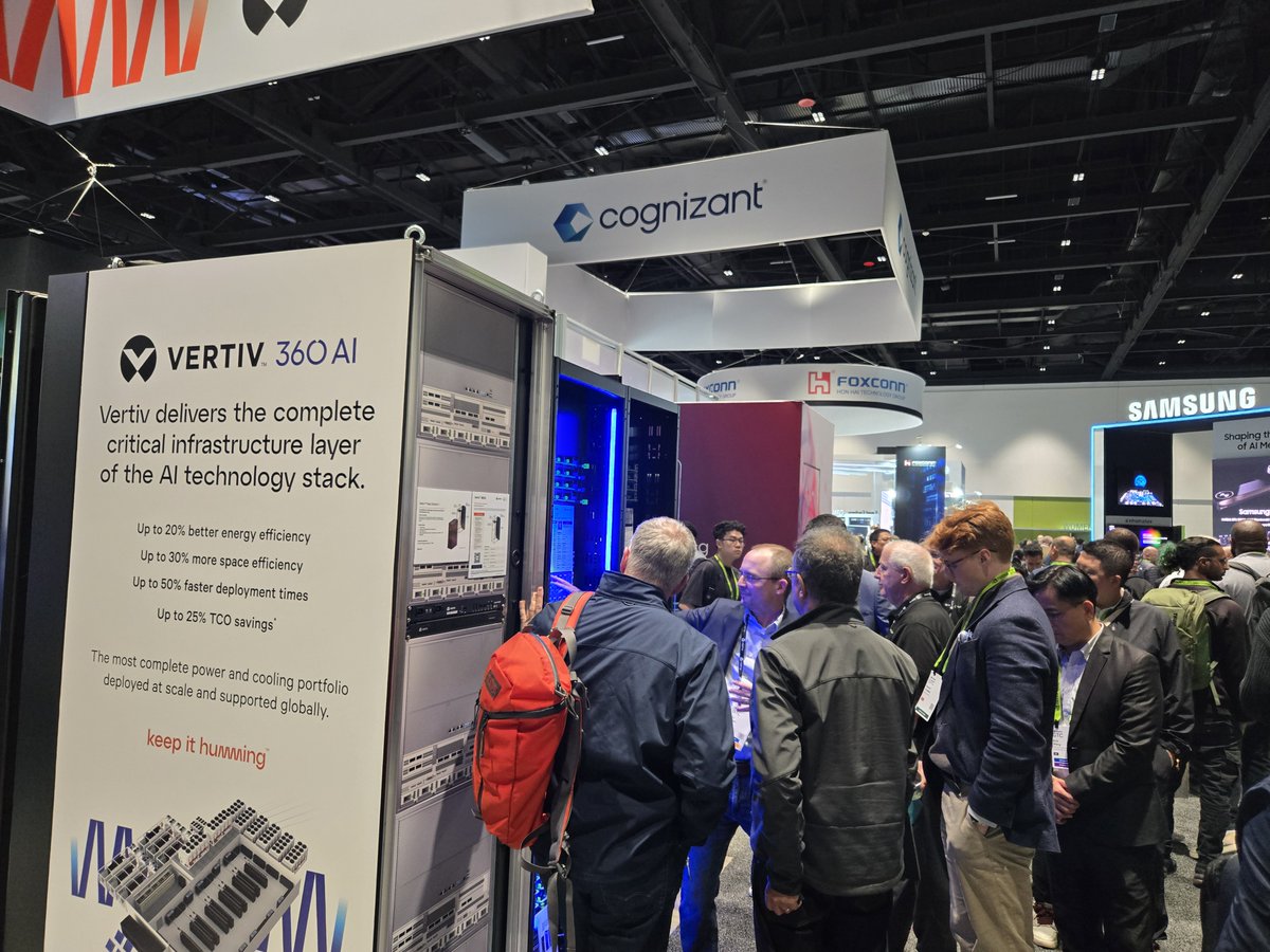 RafaBrownie's tweet photo. At #NVIDIAGTC2025, Vertiv is proud to showcase our cutting-edge products and solutions designed to meet the rigorous demands of #AI workloads. As the landscape of AI evolves, so does the need for reliable power and cooling systems that ensure optimal performance and efficiency. https://t.co/HTzEz9ELGL