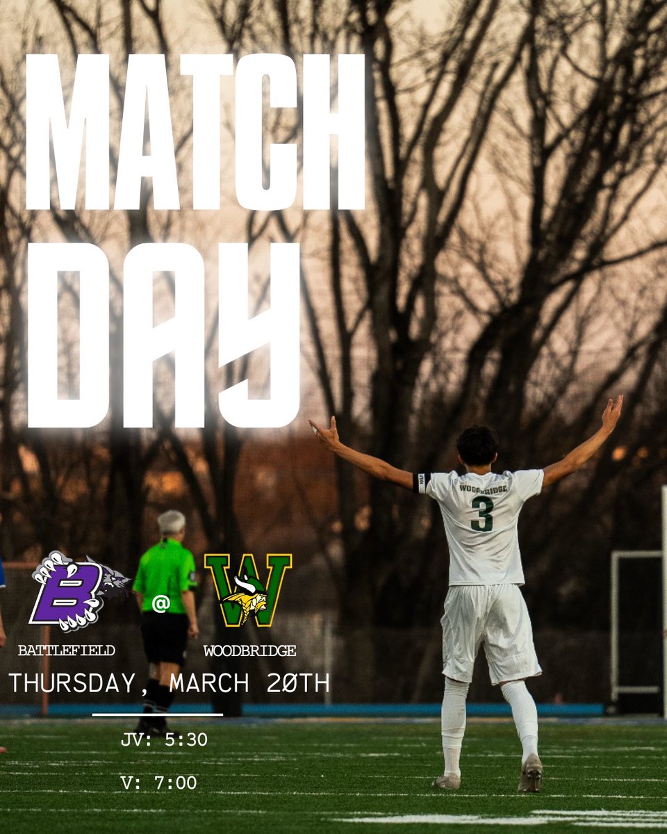 First Home game of the season!!!
Support the boys as they face off against the Battlefield Bobcats
Go Vikings
#vikingsoccer #GoVikings

⚽️ Woodbridge Vikings⠀
🆚 <a href="/Bobcat_Pride1/">Battlefield Athletic</a> 
📆 3.20.2025
🕔 JV at 5:30; Varsity at 7:00 PM
🏆 Non Conference 
🎯Woodbridge HS