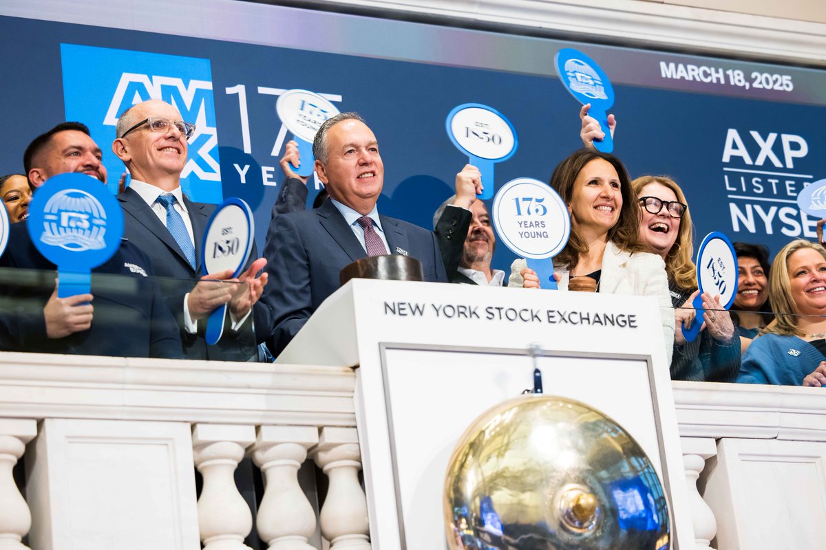 NYSE's tweet image. Wishing @AmericanExpress a happy 175th birthday! The team rang in the #Amex175 festivities with the opening bell, celebrating its customers, colleagues and communities 🔔💙 $AXP