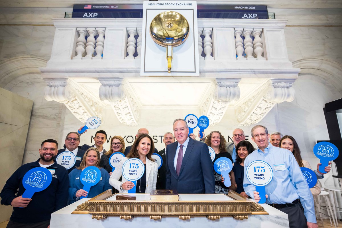 NYSE's tweet image. Wishing @AmericanExpress a happy 175th birthday! The team rang in the #Amex175 festivities with the opening bell, celebrating its customers, colleagues and communities 🔔💙 $AXP