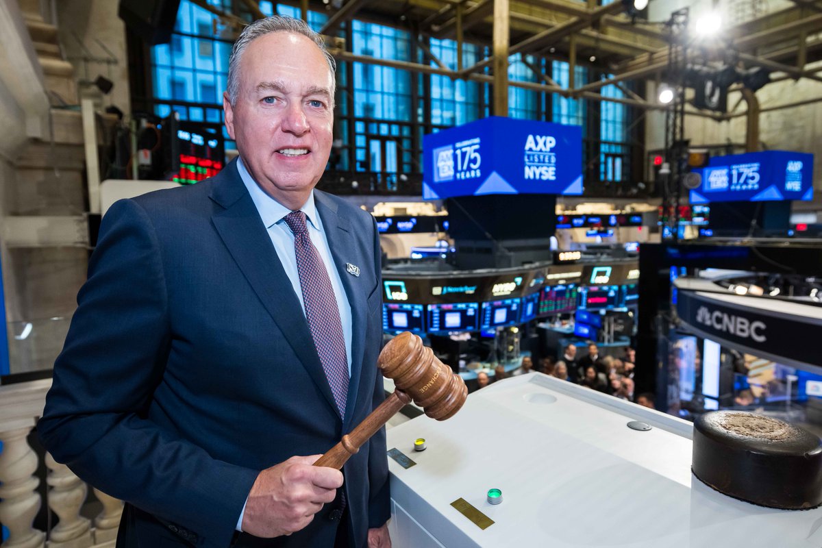 NYSE's tweet image. Wishing @AmericanExpress a happy 175th birthday! The team rang in the #Amex175 festivities with the opening bell, celebrating its customers, colleagues and communities 🔔💙 $AXP
