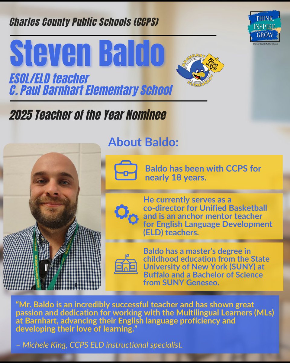 Charles County Public Schools (@ccps) on Twitter photo Congratulations to Steven Baldo, ESOL teacher at <a href="/CPBarnhartES/">Barnhart Elementary</a>, for being nominated for the CCPS Teacher of the Year award. 🎉 Stay up-to-date on CCPS' social media sites to see the CCPS Teacher of the Year, nominees and finalists all recognized. Visit bit.ly/4kh3vj8. Congratulations to Steven Baldo, ESOL teacher at <a href="/CPBarnhartES/">Barnhart Elementary</a>, for being nominated for the CCPS Teacher of the Year award. 🎉 Stay up-to-date on CCPS' social media sites to see the CCPS Teacher of the Year, nominees and finalists all recognized. Visit bit.ly/4kh3vj8.