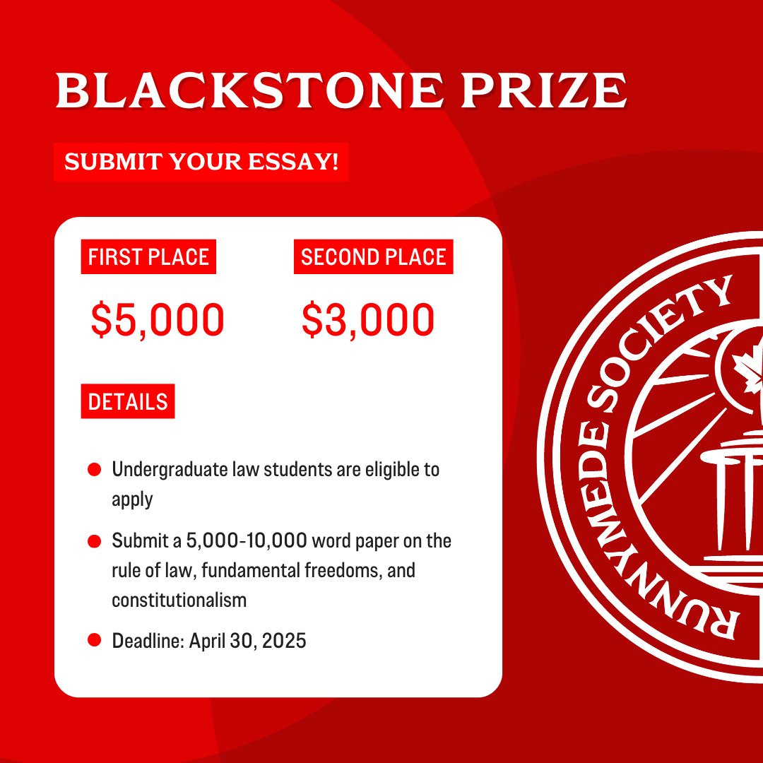 Calling all Canadian law students, articling students, and law clerks! The Runnymede Society is now accepting submissions for the Blackstone Prize! 

Deadline: April 30, 2025.

Details: runnymedesociety.ca/blackstone-pri…

#LawStudent