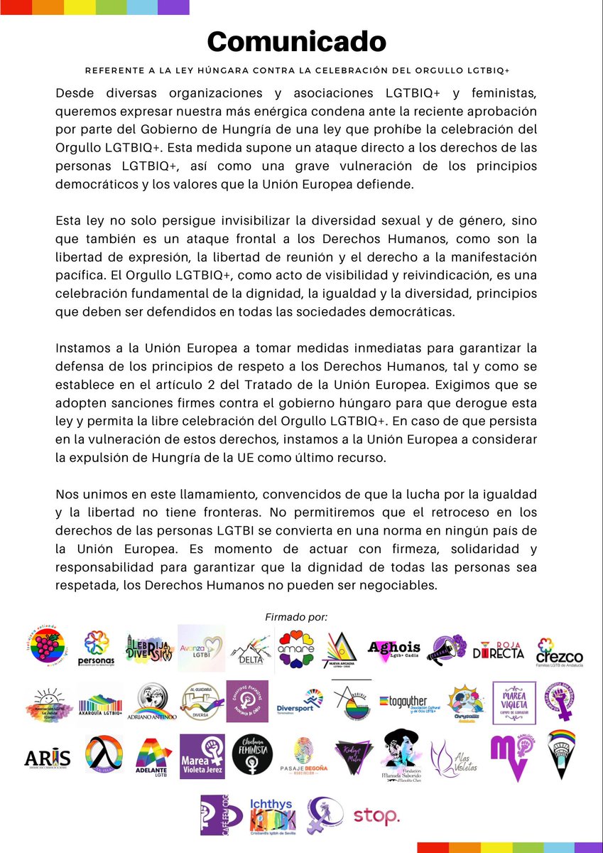 AdrianoAntinoo's tweet photo. Hungría | Treinta y seis entidades LGTBIQ+ andaluzas denunciamos la persecución del estado húngaro y la vulneración de los derechos de las personas LGTBIQ+ y nuestras familias. https://t.co/66Wj1CFBGS