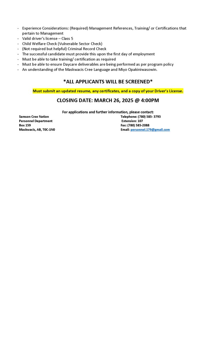 Samson Cree Nation (@samsoncree) on Twitter photo #EmploymentOpportunities with SCN!
-Youth Wellness Workers (2)
-Daycare Coordinator
Apply now with SCN Personnel
Call 780-585-3793 ext 107 or email personnel.179@gmail.com.
#samsoncreenation #maskwacis #EmploymentOpportunities with SCN!
-Youth Wellness Workers (2)
-Daycare Coordinator
Apply now with SCN Personnel
Call 780-585-3793 ext 107 or email personnel.179@gmail.com.
#samsoncreenation #maskwacis
