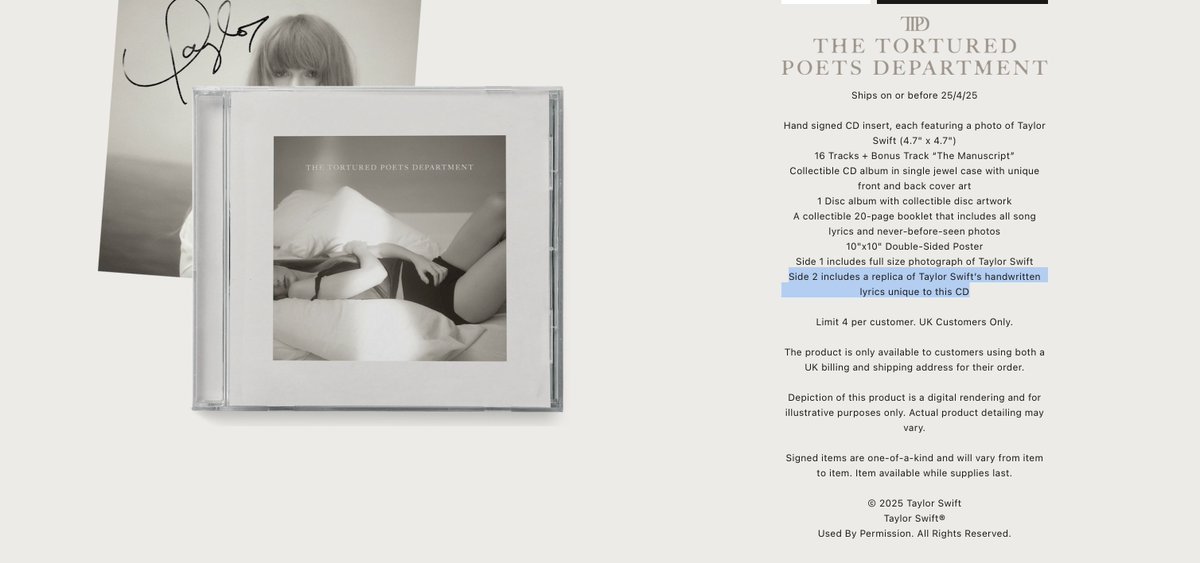 lgbeern's tweet photo. @fermidnights @ltunxsz Lo pone que no es suyo, eh "Side 2 includes a replica of Taylor Swift’s handwritten lyrics unique to this CD" https://t.co/mc9CvITAxW