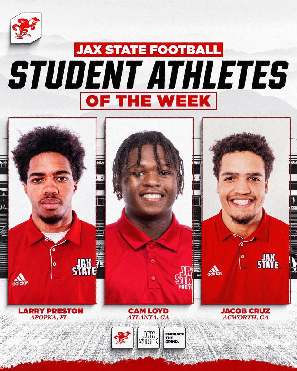 Jax State Football (@jaxstatefb) on Twitter photo ๐๐ญ๐ฎ๐๐๐ง๐ญ ๐๐ญ๐ก๐ฅ๐๐ญ๐๐ฌ of the Weekโ๏ธ
<a href="/Larrypr19007235/">Larry Snap Preston</a>
<a href="/CameranLoyd/">Cameran Loyd โน</a>
<a href="/jacobcruz744/">Jacob Cruz</a>
#EmbraceTheGrind | #AKC ๐๐ญ๐ฎ๐๐๐ง๐ญ ๐๐ญ๐ก๐ฅ๐๐ญ๐๐ฌ of the Weekโ๏ธ
<a href="/Larrypr19007235/">Larry Snap Preston</a>
<a href="/CameranLoyd/">Cameran Loyd โน</a>
<a href="/jacobcruz744/">Jacob Cruz</a>
#EmbraceTheGrind | #AKC