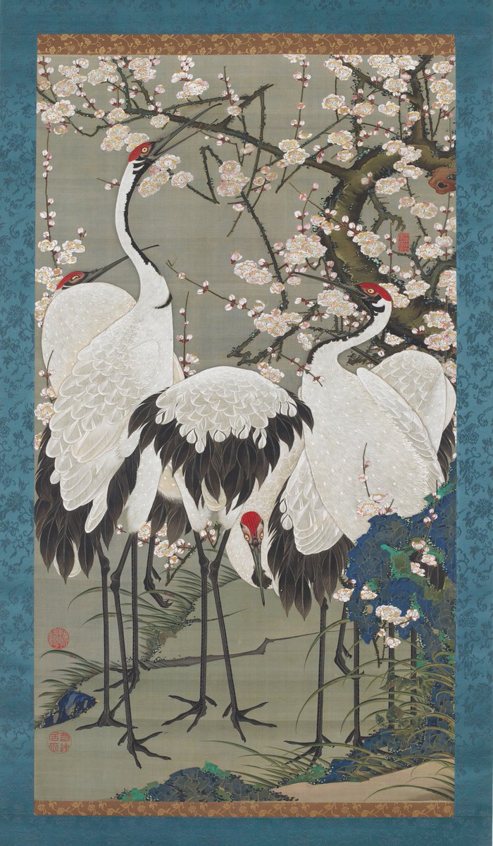 JapanTraCul's tweet photo. Plum Blossoms and Cranes, from the Colorful Realm of Living Beings, by Ito Jakuchu, ca. 1761-1765 https://t.co/odgM5SA3US