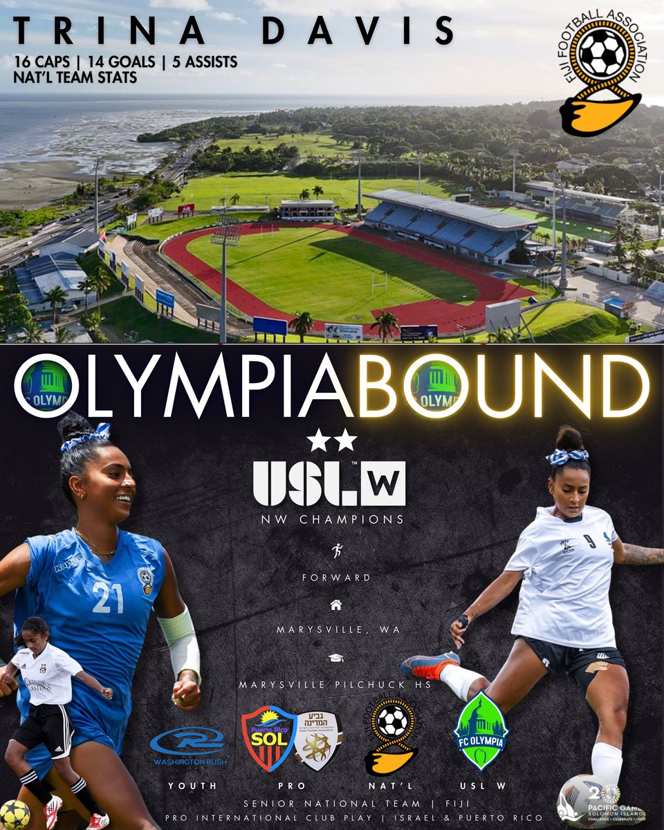 Welcome Fiji Nat’l Team Forward Trina Davis to the USL W League in Olympia, WA 🔥🔥

Davis grew up in Marysville, WA playing youth for <a href="/WashingtonRush/">Washington Rush</a> 👉 then played pro soccer across the world in Puerto Rico &amp; Israel as well as racking up 14 goals and 5 assists 

#fcolympia