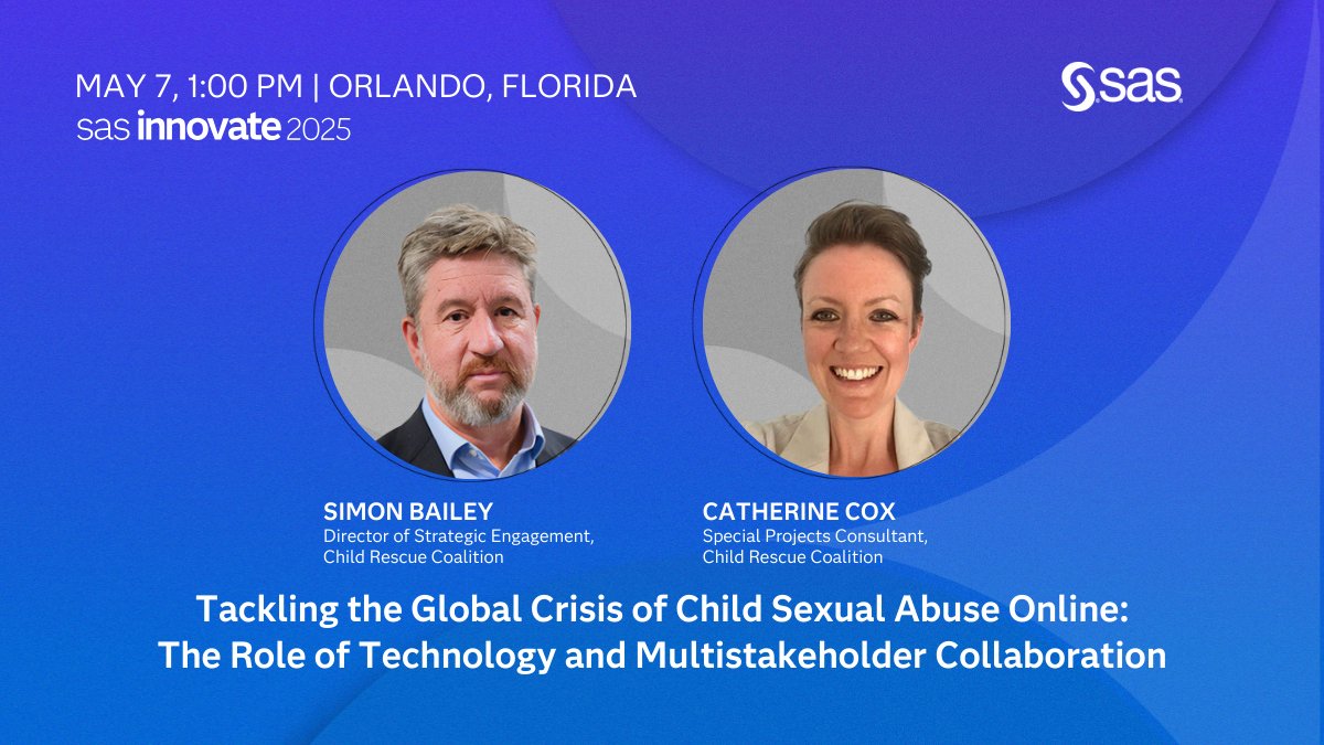 Join us at #SASInnovate on May 7 to learn from experts Simon Bailey &amp; Catherine Cox about how AI and multi-stakeholder collaboration can protect our children. Together, we can create safer digital spaces! Register now: 2.sas.com/60150SvHR 
#ChildProtection #DataForGood