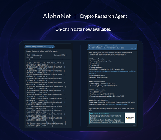 AlphaNet_AI's tweet image. On-chain data now connected and available on the AlphaNet Crypto Research Agent. 

Ask about tokens, holders, and token contracts and AlphaNet will retrieve, summarize, and fetch. A myriad of additional on-chain features including address and transaction analysis coming shortly.…