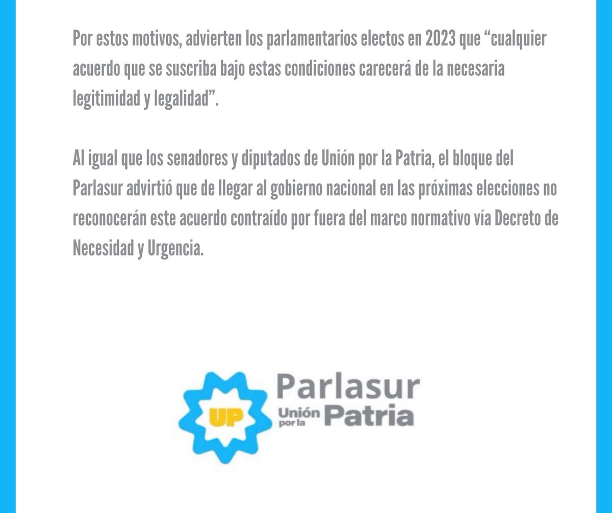 Con una nota enviada a los embajadores de los países que integran el directorio del FMI advertimos sobre cómo el inminente nuevo acuerdo podría ser desconocido por el próximo gobierno al haber sido contraído sin cumplir con la Constitución y la leyes vigentes.