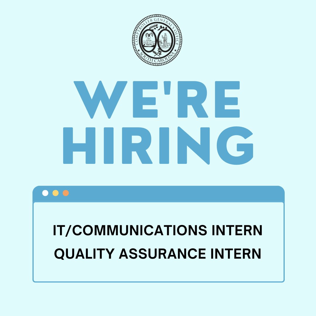 We have two paid summer internship opportunities. Apply by Apr. 14 📅
🔗Job Opportunities | Departments: Comptroller General's Office | Sorted by Job Title ascending | Our state. Your future. Discover the possibilities.