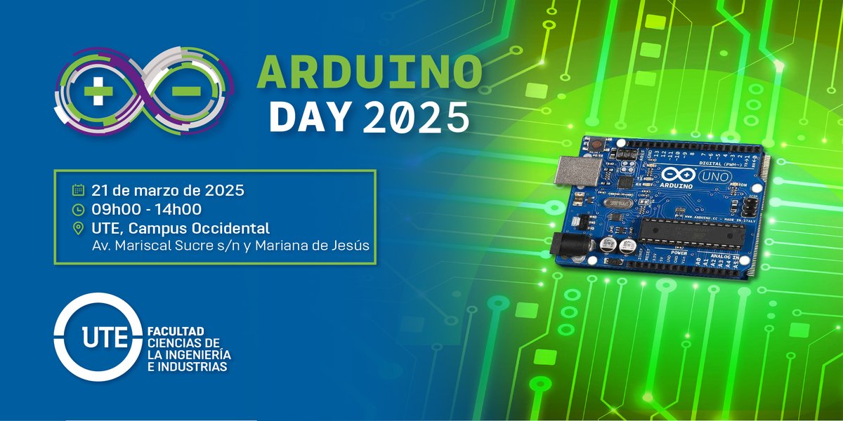 UTEoficial's tweet image. 🎉 ¡El Arduino Day 2025 llega a la UTE! 🌍 Este 21 de marzo, de 09:00 a 14:00 en el Campus Occidental, celebraremos la innovación y el código abierto.
🔗Regístrate: bit.ly/4ik1UHT
¡No faltes! 🚀
#ArduinoDay2025 #MecatrónicaUTE #InnovaciónYTEC #TecnologíaAbierta