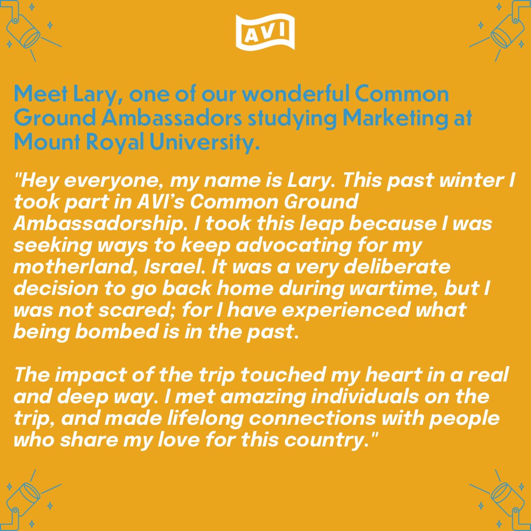 AlliedVoicesIL's tweet image. Meet our #ambassadorspotlight Lary Epshtein, one of our wonderful Common Ground Ambassadors studying Marketing at @MountRoyalU 

#studentlove #commongroundambassador #findyourcommonground #studentshowcase #commongroundisrael