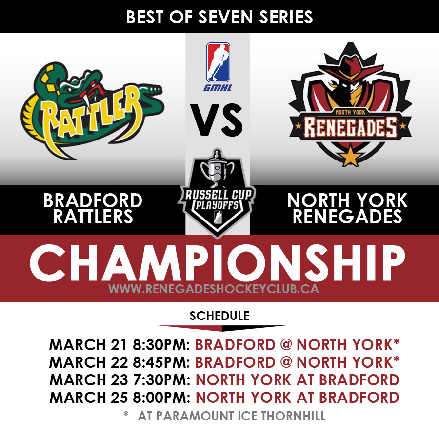 UPDATED SKED!

It all starts Friday when the puck drops on Game 1 of the
<a href="/TheGMHL/">GMHL</a>
Russell Cup final against the Bradford Rattlers.  HEADS UP! YOUR Renegades will play their first two home games of the series at Paramount Ice Thornhill!  #juniorhockey #hockey #runtotherussell