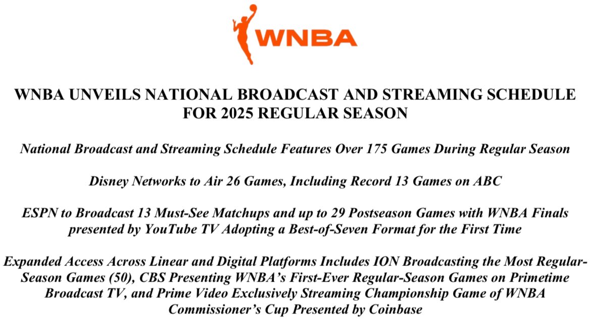 The WNBA broadcast schedule is out. 
ABC will broadcast opening weekend doubleheader May 17 with the Aces vs. Liberty at 1 pm and Sky vs. Fever at 3 pm.