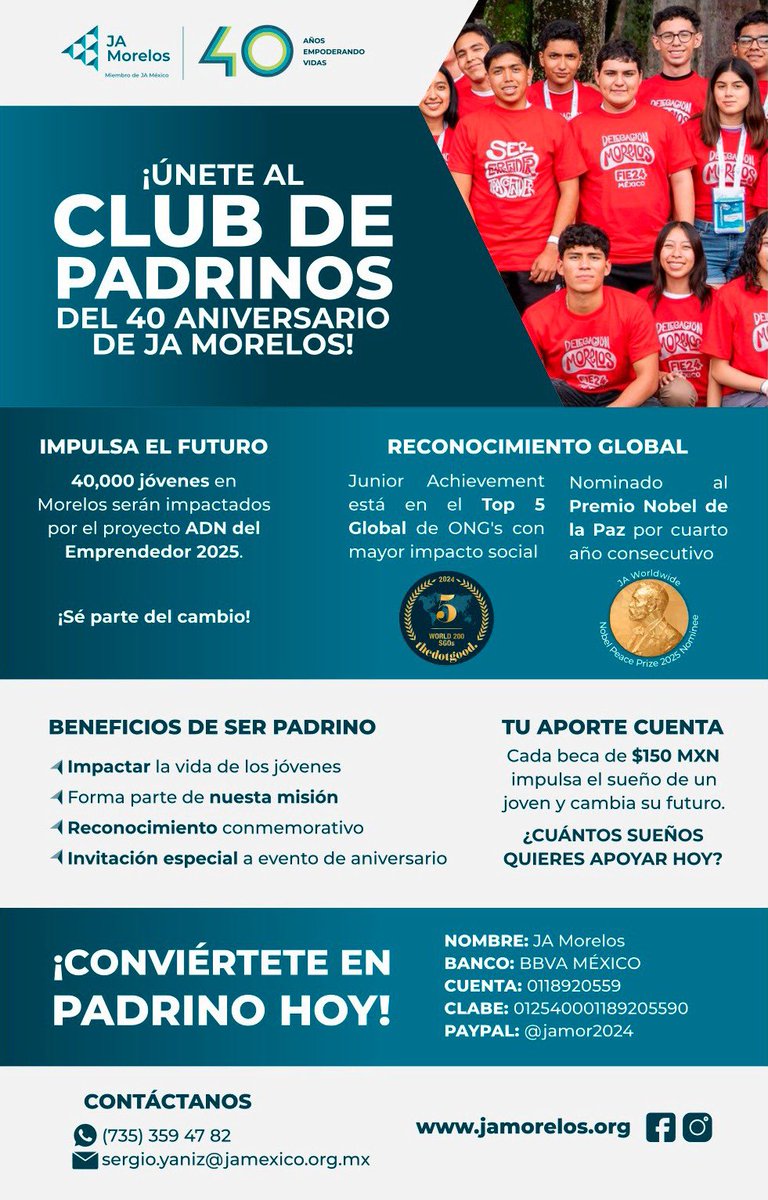 Te invitamos a unirte al Club de Padrinos de Junior Achievement en Morelos y apoyar a los jóvenes es en la formación de sus habilidades y fortalecer su espíritu emprendedor 

#somosJA #ClubDePadrinos