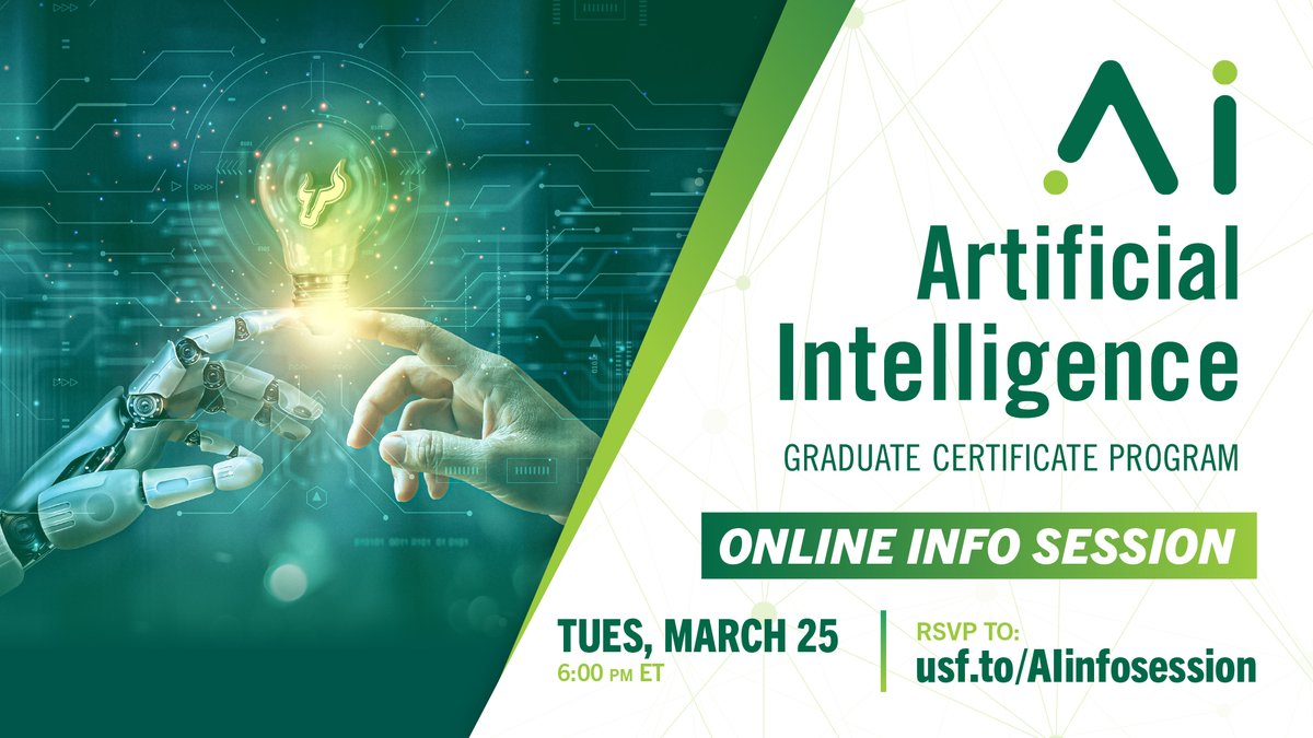 University of South Florida (@usouthflorida) on Twitter photo Looking to enhance your AI knowledge? Explore how #USF’s AI Graduate Certificate Program can help you thrive in this dynamic field!💡
Join <a href="/EngineeringUSF/">Engineering USF</a> for an online info session Mar. 25th at 6pm.
RSVP 👉 ow.ly/GfUF50VkefR
Learn more 👉 ow.ly/euS550VkefO Looking to enhance your AI knowledge? Explore how #USF’s AI Graduate Certificate Program can help you thrive in this dynamic field!💡
Join <a href="/EngineeringUSF/">Engineering USF</a> for an online info session Mar. 25th at 6pm.
RSVP 👉 ow.ly/GfUF50VkefR
Learn more 👉 ow.ly/euS550VkefO