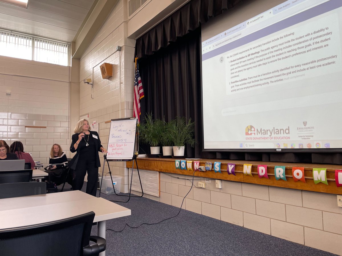 CTE’s Linda Carling, David Peloff, Andrea Harkins-Brown, and Teresa O’Connor presented at the Maryland Special Education Director’s meeting about how AI can be used in special education.