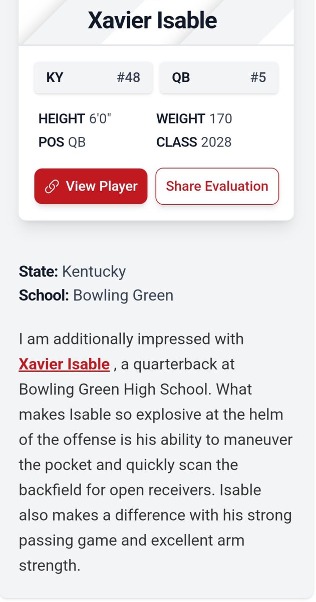 Xavier Isable (@xisable) on Twitter photo Thank you <a href="/drew_toennies/">Drew Toennies</a> for the write up and recognition. Continuing to develop and looking forward to the 2025 football season!
<a href="/VisionQb/">QB Vision</a> <a href="/QBHitList/">QBHitList.com</a> <a href="/FantNacarius/">Coach Fant</a> <a href="/KYFUTURESTARS/">Ricco Hughes</a> <a href="/PrepRedzoneKY/">Prep Redzone Kentucky</a> <a href="/SOKYElite/">Southern Kentucky Elite</a> <a href="/Jordan_Leach10/">Jordan Leach</a> <a href="/PurplesFootball/">BGHS Football</a> Thank you <a href="/drew_toennies/">Drew Toennies</a> for the write up and recognition. Continuing to develop and looking forward to the 2025 football season!
<a href="/VisionQb/">QB Vision</a> <a href="/QBHitList/">QBHitList.com</a> <a href="/FantNacarius/">Coach Fant</a> <a href="/KYFUTURESTARS/">Ricco Hughes</a> <a href="/PrepRedzoneKY/">Prep Redzone Kentucky</a> <a href="/SOKYElite/">Southern Kentucky Elite</a> <a href="/Jordan_Leach10/">Jordan Leach</a> <a href="/PurplesFootball/">BGHS Football</a>