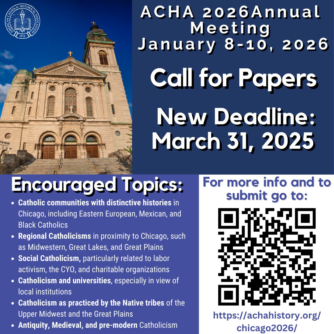 We are just 10 days from the deadline for paper and panel submissions to the ACHA 2026 Annual Meeting in Chicago! To submit, go to: achahistory.org/chicago2026/.